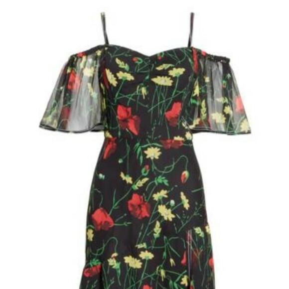 Jason Wu Grey Silk Chiffon Off Shoulder Dress Floral Black Multi Midi 2 GUC - Picture 7 of 14
